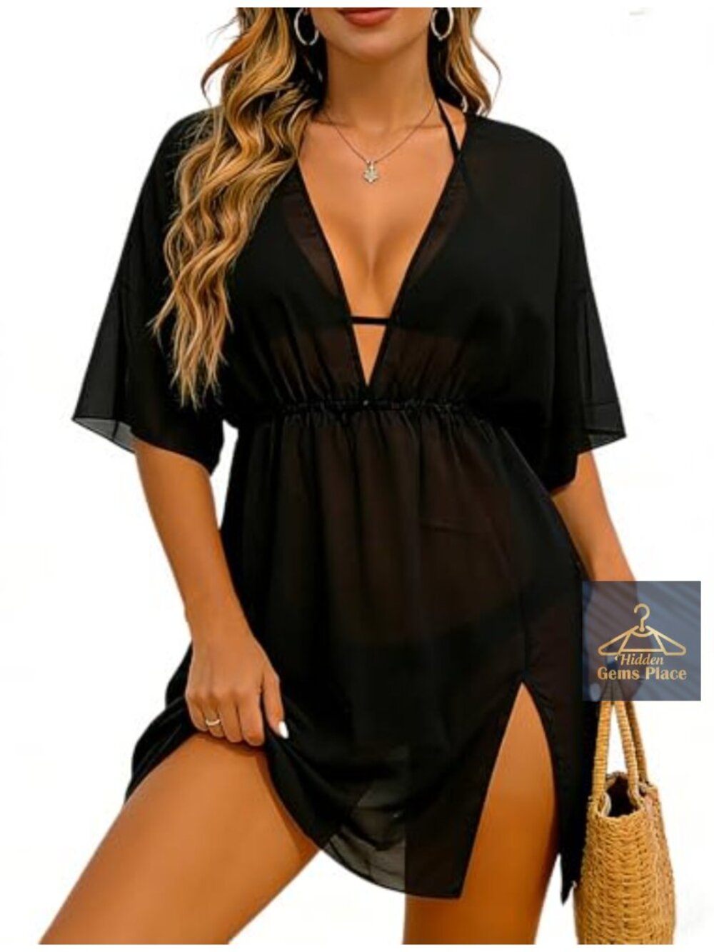 Women Summer Beach Swimsuit Cover Up Dress Sheer V Neck